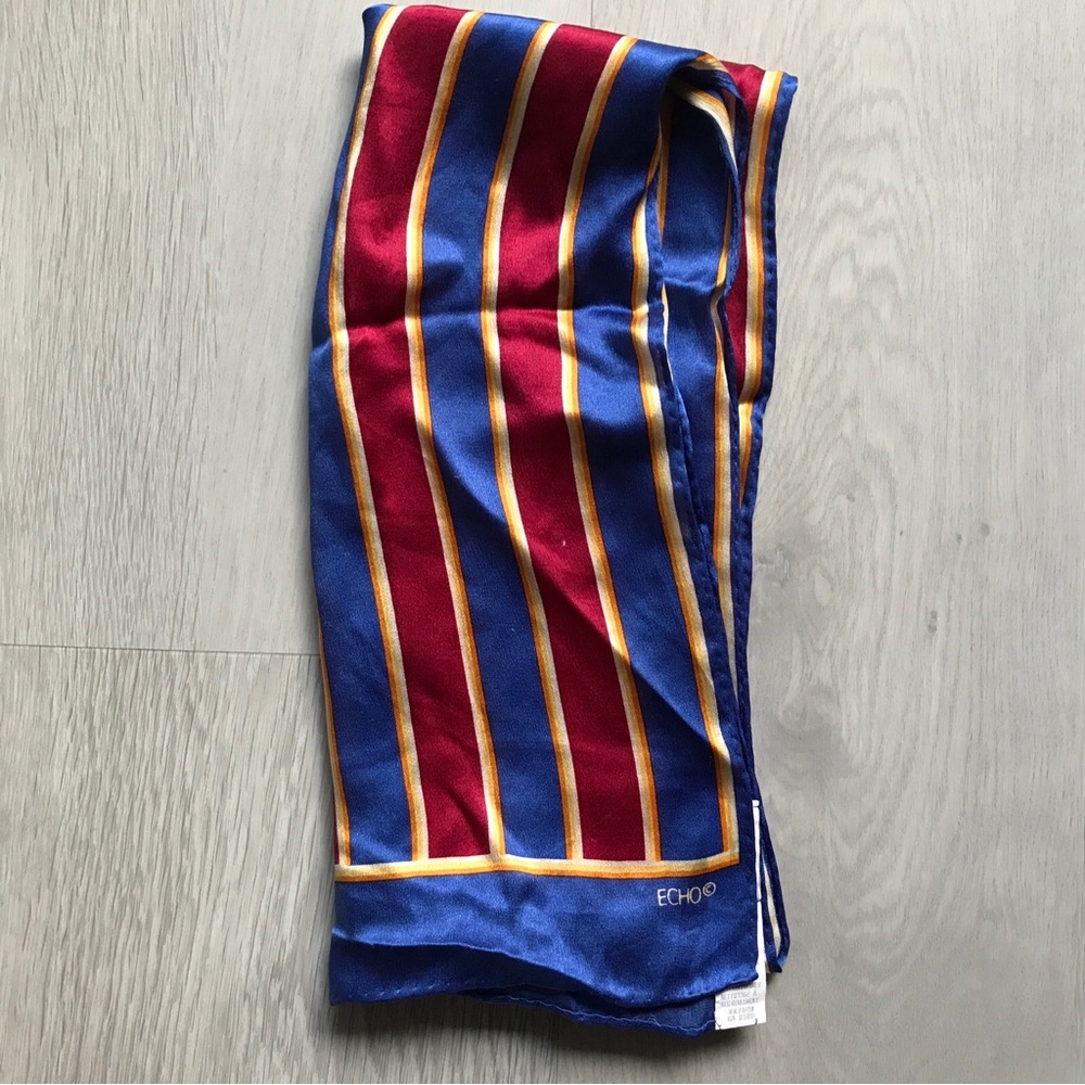 VTG ECHO 100% SILK RECTANGLE SCARF BLUE MAROON GOLD